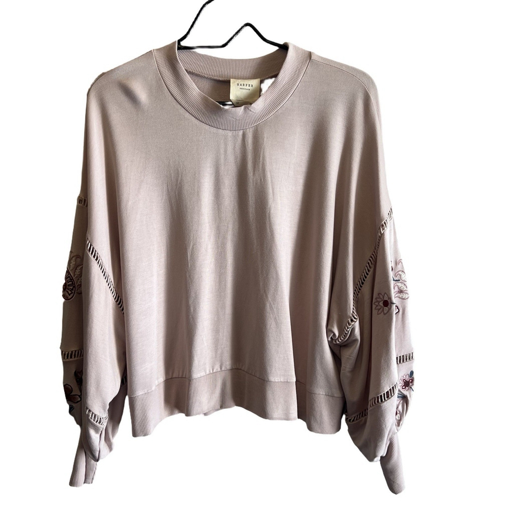 Harper Heritage Women’s Sweater Balloon Sleeve Embroidered Floral Pink Size Sm